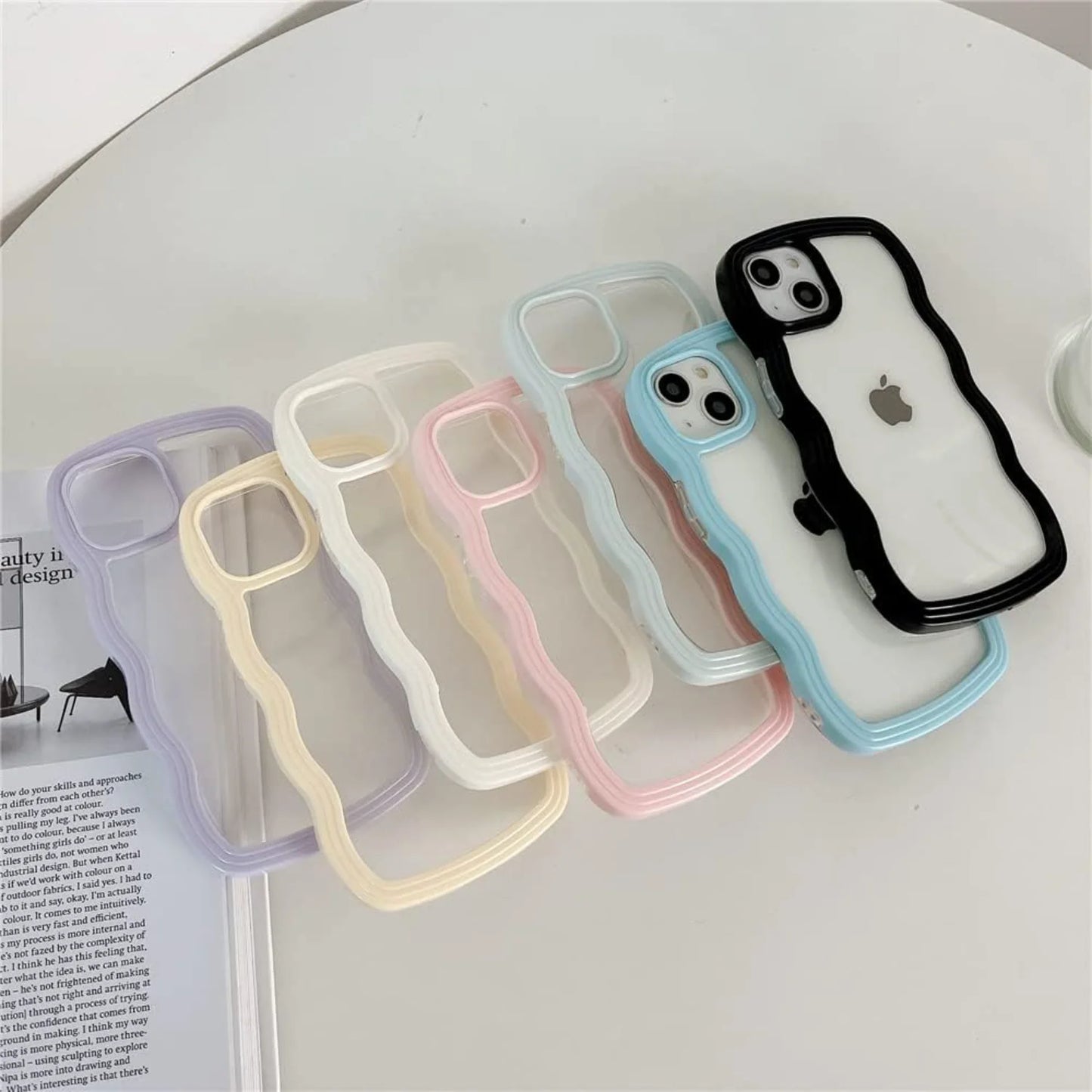 Compatible with Clear Case Cute Curly Wave Bumper Case Aesthetic Phone Case for Girls Women Soft TPU Protective Phone Cover-Wh