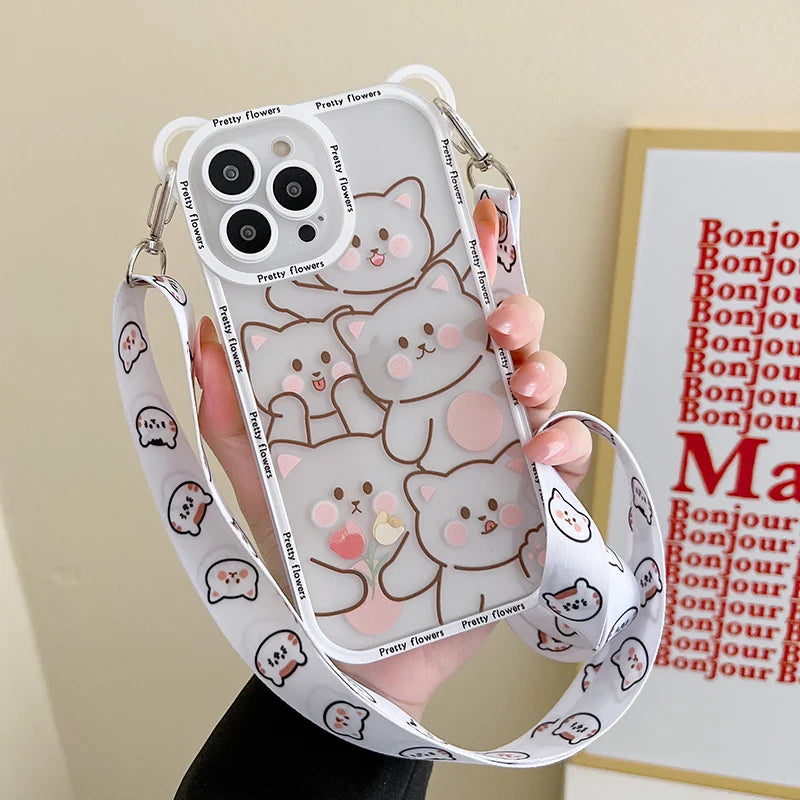 Cute Bear with Lanyard Phone Case for Iphone 14 13 11 12 16 Pro Max XS X XR 8 7 15 14 plus Cartoon Cat Soft TPU Cover Bumper