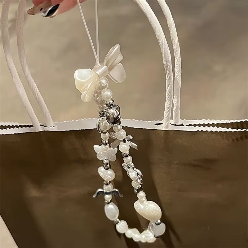 Korean Cute Baroque White Bow Flower Beaded Phone Chain Charm Lanyard for Iphone Samsung Universal Accessories Jewelry Pendant
