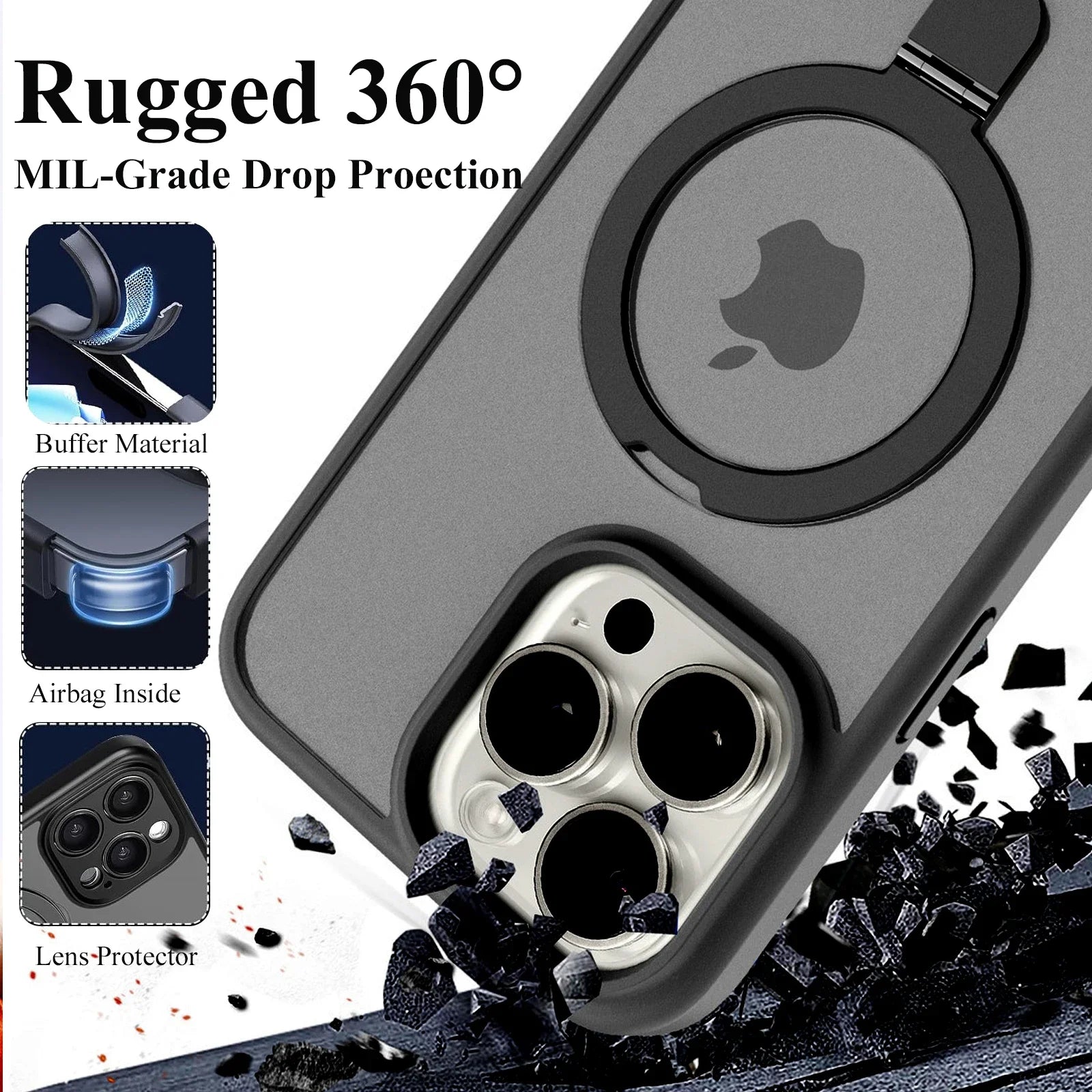 Magnetic Mobile Phone Case with Ring Stand for  16 15 14 Pro Max plus 13 12 11 Cases Translucent Cover with Protector