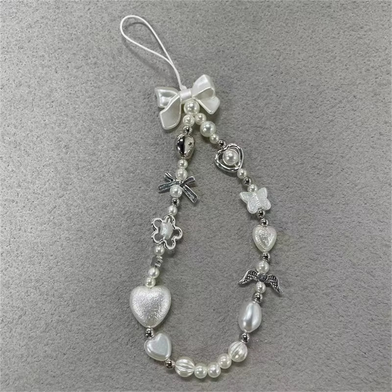 Beaded Phone Chain Charm Lanyard for Iphone Samsung, Cute Baroque White Bow, Flower Charm, Universal Accessories Jewelry Pendant