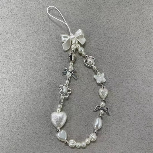 Beaded Phone Chain Charm Lanyard for Iphone Samsung, Cute Baroque White Bow, Flower Charm, Universal Accessories Jewelry Pendant