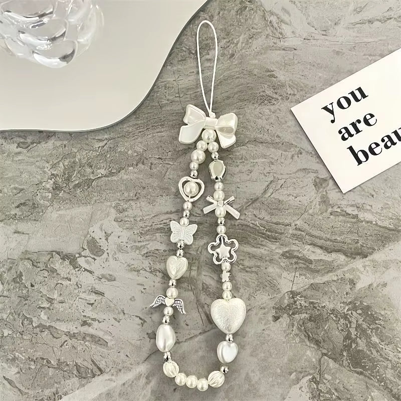 Korean Cute Baroque White Bow Flower Beaded Phone Chain Charm Lanyard for Iphone Samsung Universal Accessories Jewelry Pendant