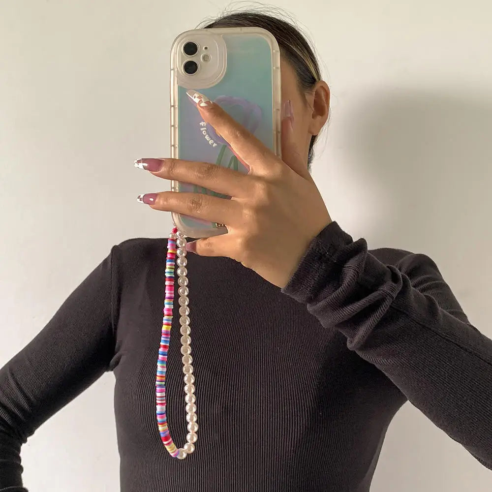 New Ins Trendy Red Love Heart Pearl Chain Mobile Phone Chains Anti-Lost Handmade Acrylic Charm Cord Lanyard for Women Girls