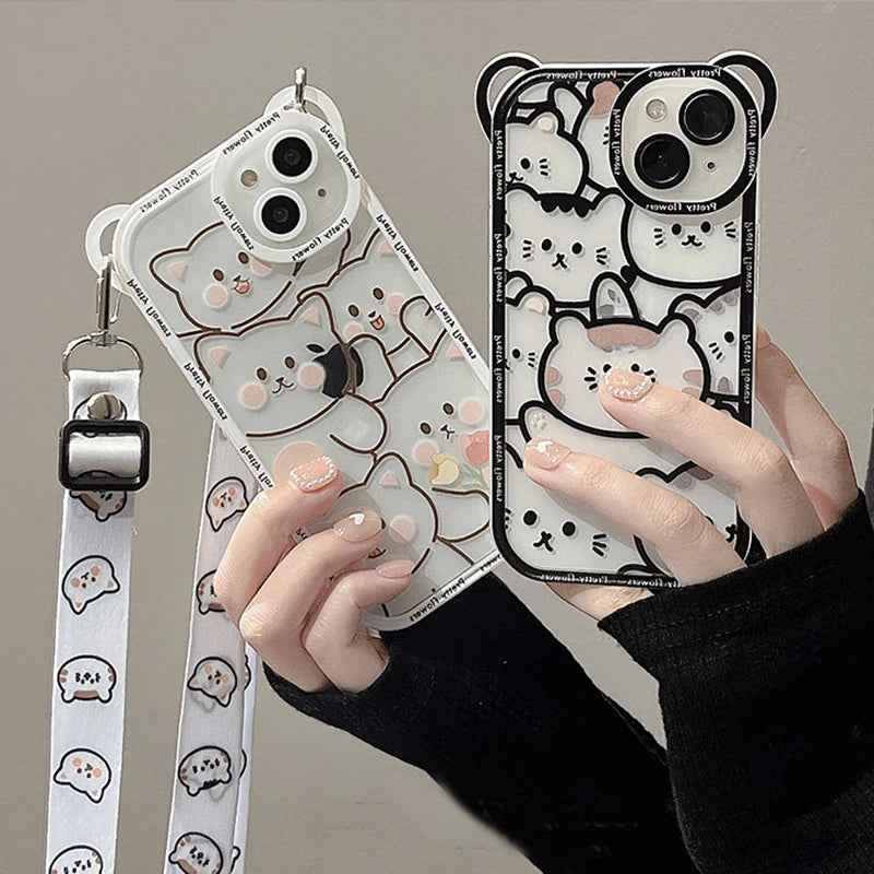 Cute Bear with Lanyard Phone Case for Iphone 14 13 11 12 16 Pro Max XS X XR 8 7 15 14 plus Cartoon Cat Soft TPU Cover Bumper