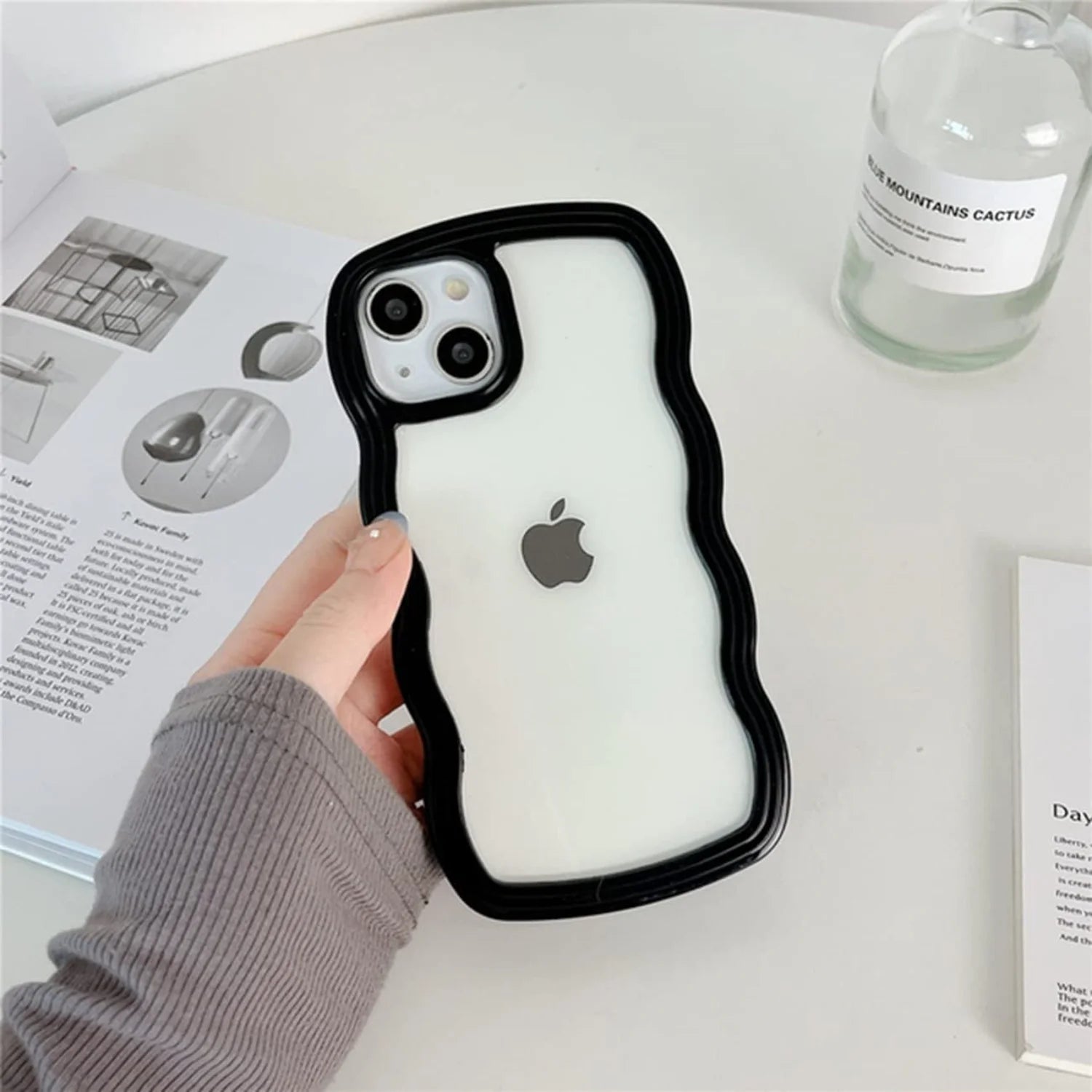 Compatible with Clear Case Cute Curly Wave Bumper Case Aesthetic Phone Case for Girls Women Soft TPU Protective Phone Cover-Wh