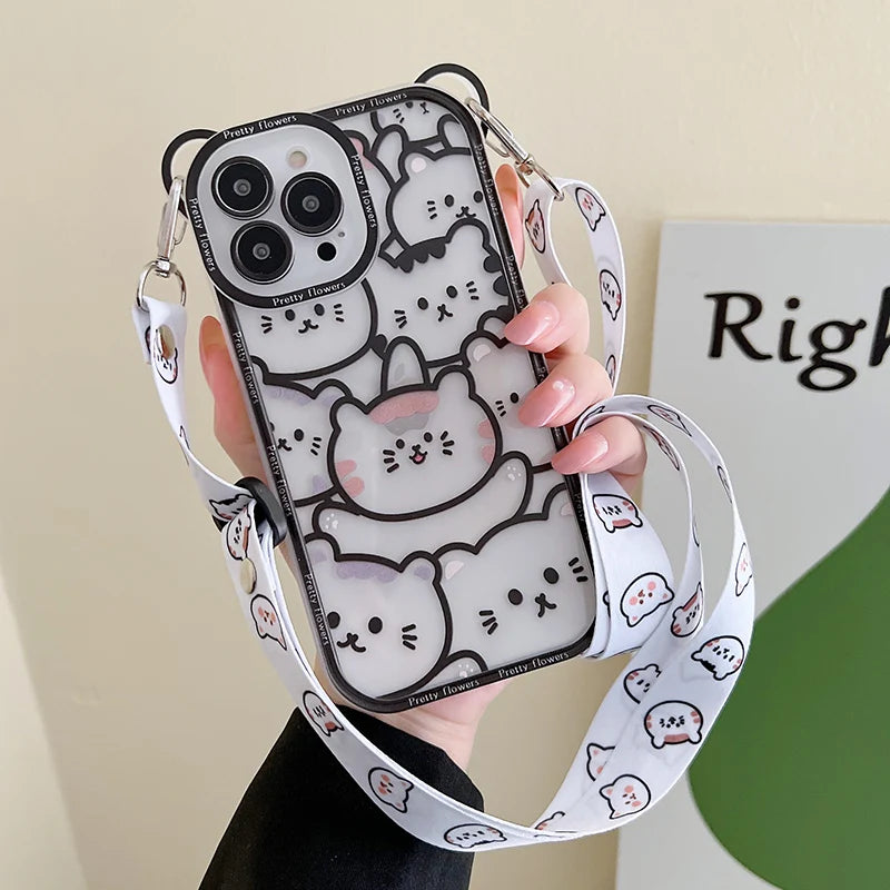Cute Bear with Lanyard Phone Case for Iphone 14 13 11 12 16 Pro Max XS X XR 8 7 15 14 plus Cartoon Cat Soft TPU Cover Bumper