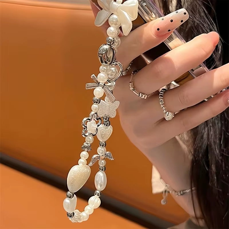 Korean Cute Baroque White Bow Flower Beaded Phone Chain Charm Lanyard for Iphone Samsung Universal Accessories Jewelry Pendant