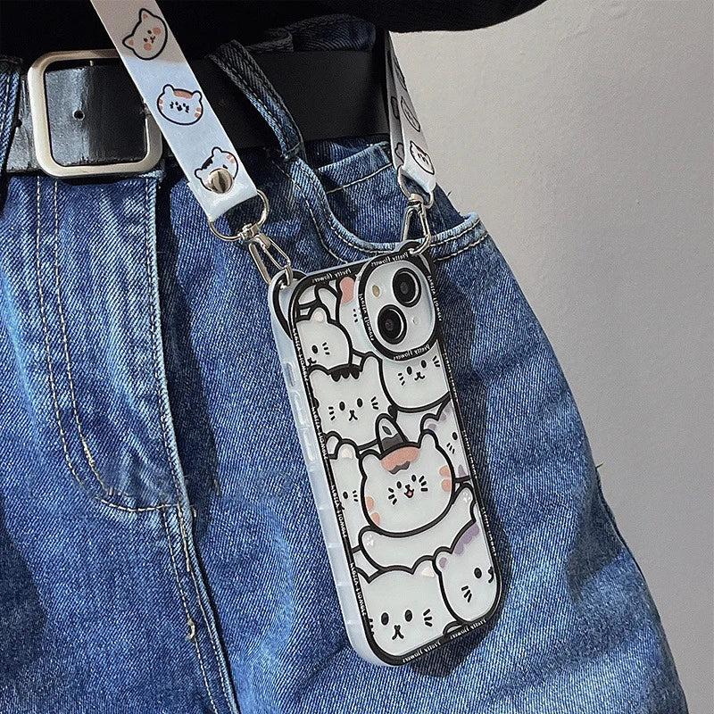 Cute Bear with Lanyard Phone Case for Iphone 14 13 11 12 16 Pro Max XS X XR 8 7 15 14 plus Cartoon Cat Soft TPU Cover Bumper