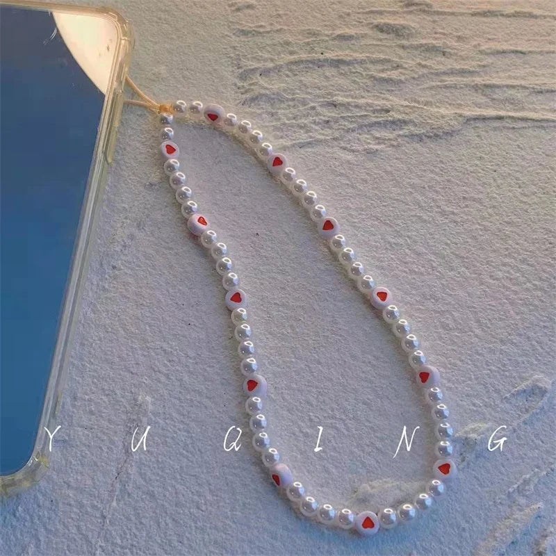 New Ins Trendy Red Love Heart Pearl Chain Mobile Phone Chains Anti-Lost Handmade Acrylic Charm Cord Lanyard for Women Girls