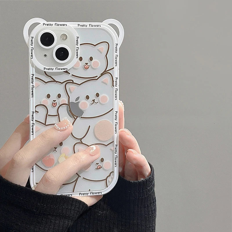 Cute Bear with Lanyard Phone Case for Iphone 14 13 11 12 16 Pro Max XS X XR 8 7 15 14 plus Cartoon Cat Soft TPU Cover Bumper