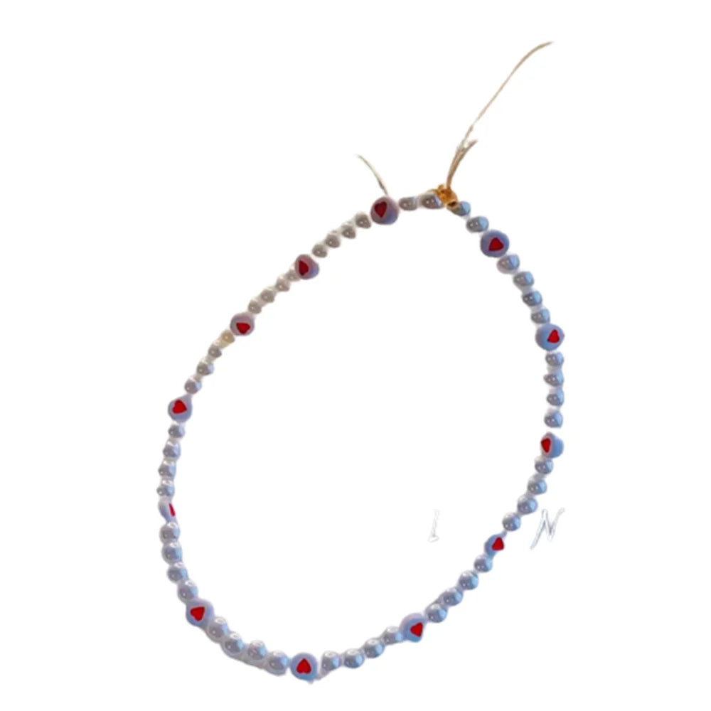 New Ins Trendy Red Love Heart Pearl Chain Mobile Phone Chains Anti-Lost Handmade Acrylic Charm Cord Lanyard for Women Girls