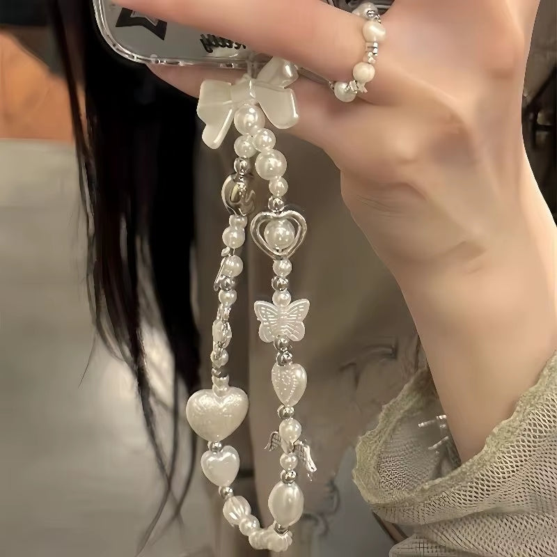 Korean Cute Baroque White Bow Flower Beaded Phone Chain Charm Lanyard for Iphone Samsung Universal Accessories Jewelry Pendant
