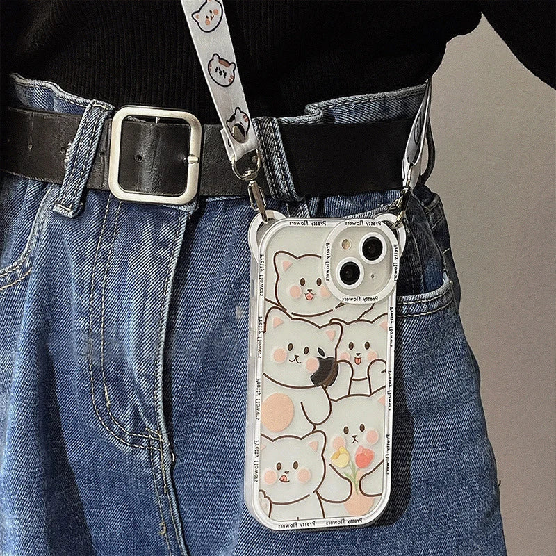 Cute Bear with Lanyard Phone Case for Iphone 14 13 11 12 16 Pro Max XS X XR 8 7 15 14 plus Cartoon Cat Soft TPU Cover Bumper