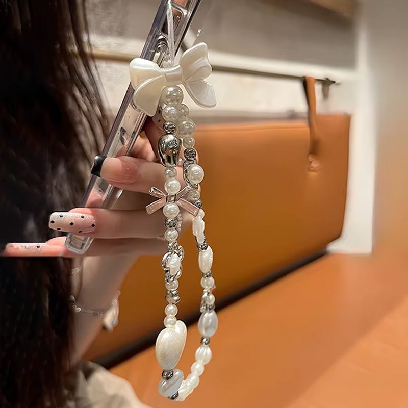 Korean Cute Baroque White Bow Flower Beaded Phone Chain Charm Lanyard for Iphone Samsung Universal Accessories Jewelry Pendant