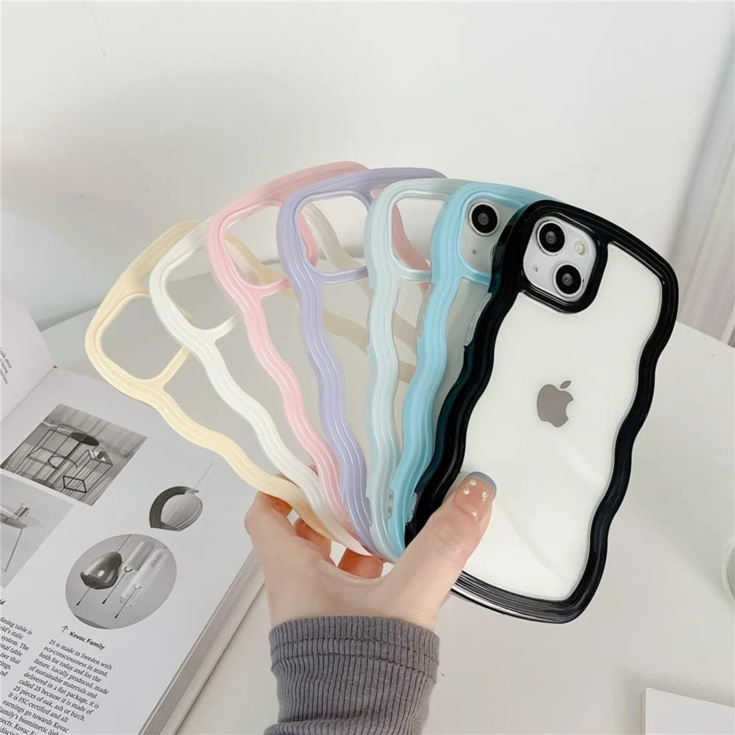 Compatible with Clear Case Cute Curly Wave Bumper Case Aesthetic Phone Case for Girls Women Soft TPU Protective Phone Cover-Wh