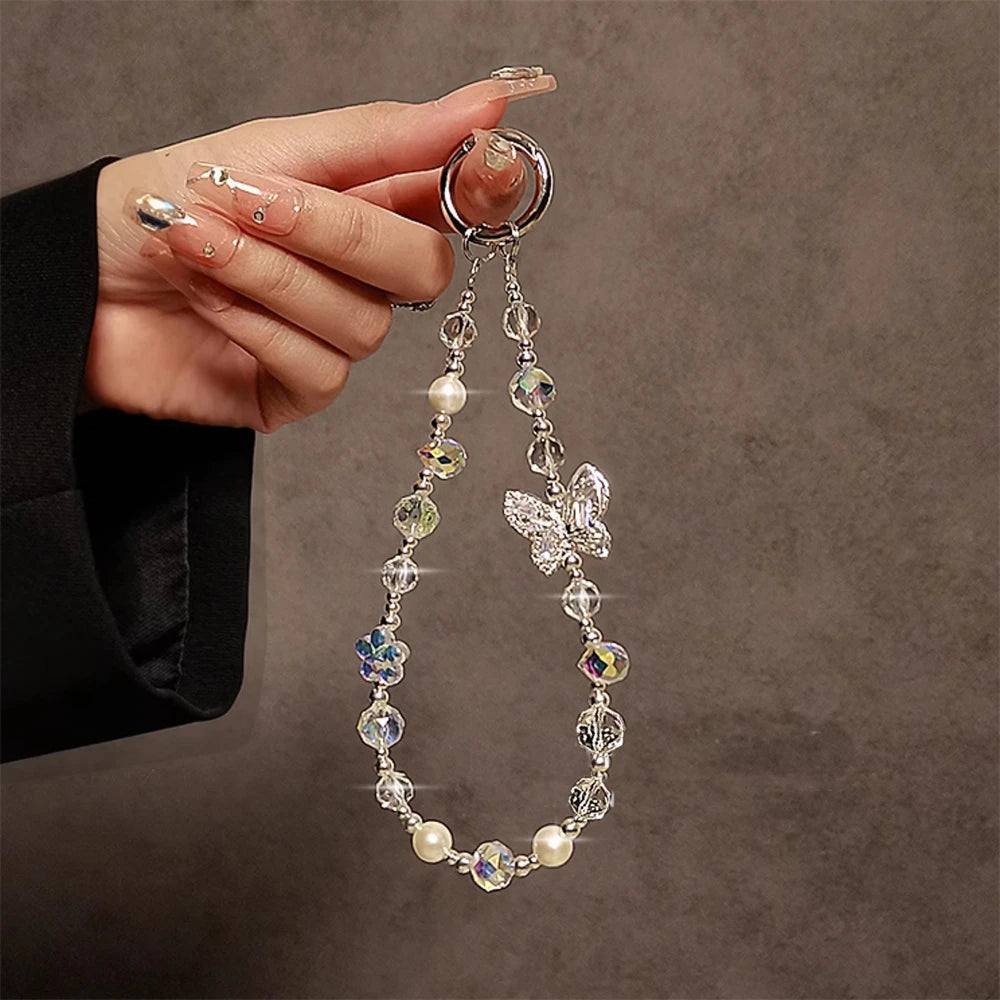 Luxury Diamond Butterfly Pendant Mobile Phone Lanyard Phone Case Wrist Strap Keycord Bling Glitter Rhinestone Hanging Chain