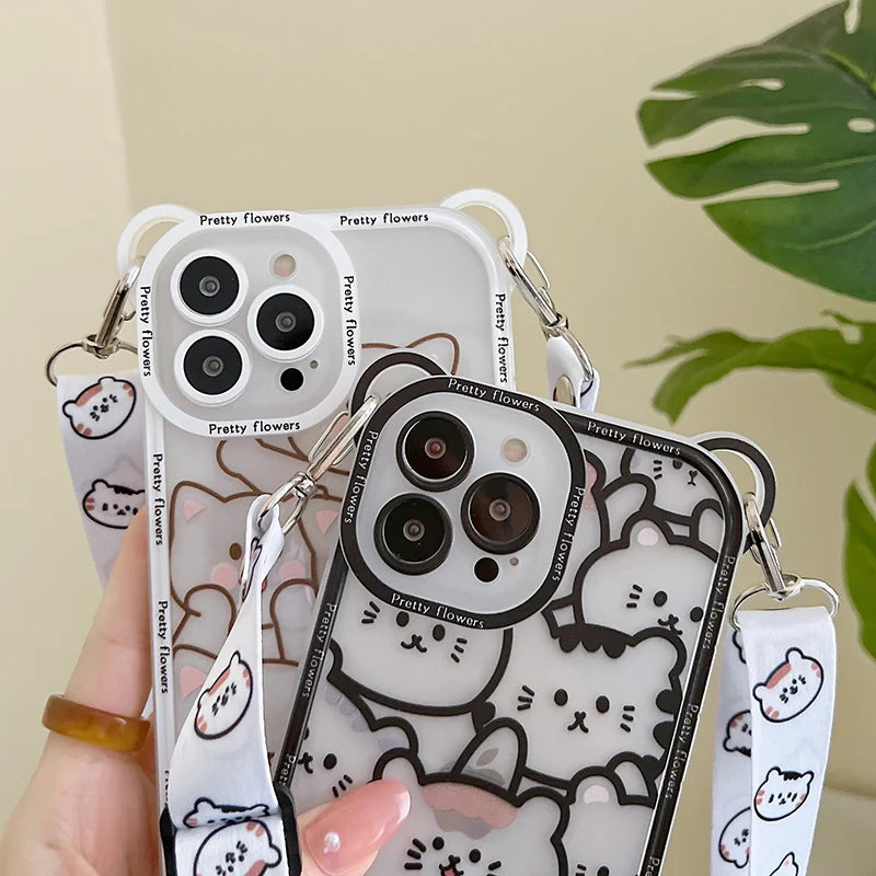 Cute Bear with Lanyard Phone Case for Iphone 14 13 11 12 16 Pro Max XS X XR 8 7 15 14 plus Cartoon Cat Soft TPU Cover Bumper