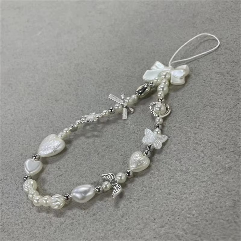 Beaded Phone Chain Charm Lanyard for Iphone Samsung, Cute Baroque White Bow, Flower Charm, Universal Accessories Jewelry Pendant