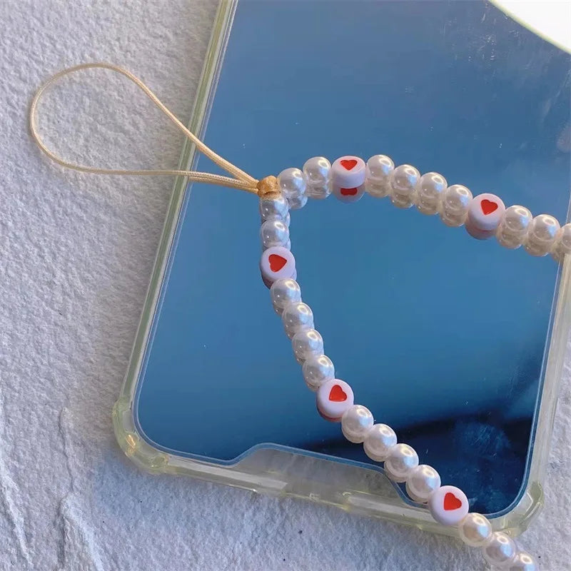 New Ins Trendy Red Love Heart Pearl Chain Mobile Phone Chains Anti-Lost Handmade Acrylic Charm Cord Lanyard for Women Girls