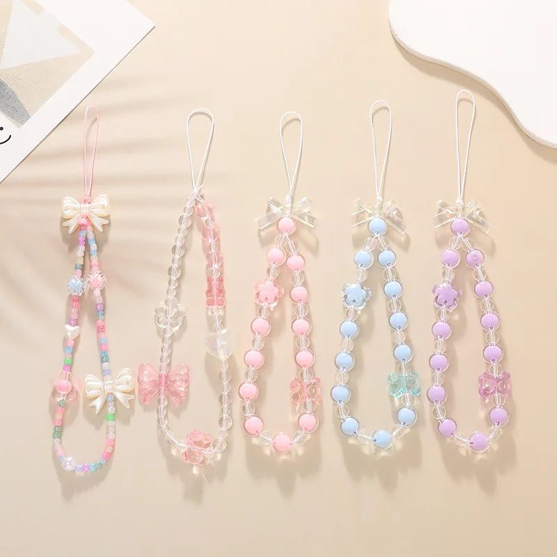 Women Girls Beaded Mobile Phone Lanyard Smartphone Chain Anti-Lost Tellphone Rope Candy Colored Wrist Strap Short Pendant Gifts